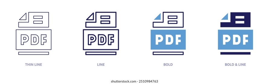 Ícone de arquivos Pdf em 4 estilos diferentes. Linha fina, Linha, Negrito e Linha Negrito. Estilo duotônico. Traçado editável.
