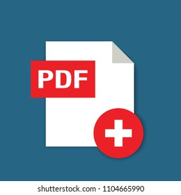 PDF formate file icon with plus / add button isolated on blue background, flat design style, vector illustration eps 10