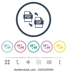 PDF GIF file conversion flat color icons in round outlines. 6 bonus icons included.