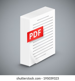 PDF icon, Big stack of white paper sheets with schematic text, stand on background