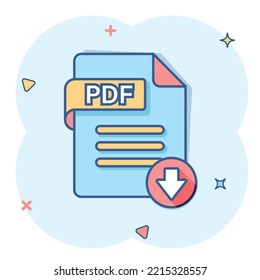 Pdf icon in comic style. Document text vector cartoon illustration on white isolated background. Archive splash effect business concept.