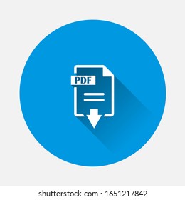 PDF icon. Downloads pdf document icon on blue background. Flat image with long shadow.