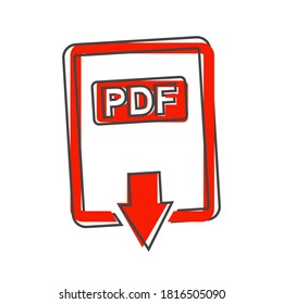 PDF icon. Downloads pdf document. Vector colored icon cartoon style on white isolated background.