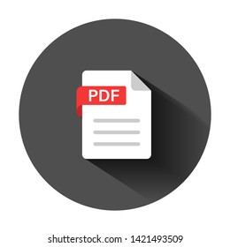 Pdf icon in flat style. Document text vector illustration on black round background with long shadow. Archive business concept.