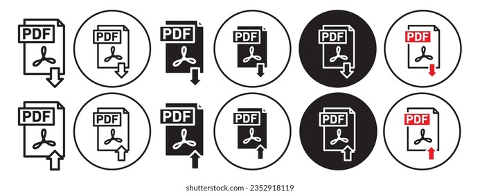 PDF icon. Outline symbol of portable document format. Flat vector set of pdf file download or upload from computer to website. Logo sign of pdf form or template to print the attachment. web app mark