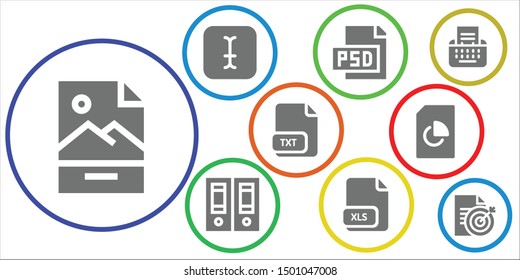 pdf icon set. 9 filled pdf icons.  Simple modern icons about  - Jpg, Typing, Psd, Documentation, Xls, Txt, Document, Type