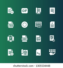 pdf icon set. Collection of 16 filled pdf icons included Document, Doc, Jpeg, Jpg, Gif, Psd