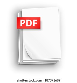 PDF icons, big stack of paper sheets, vector illustration