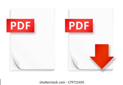 PDF icons, stack of paper sheets and download button, vector illustration