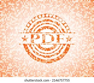 PDF orange tile background illustration. Square geometric mosaic seamless pattern with emblem inside. 