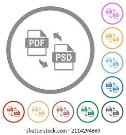 PDF PSD file conversion flat color icons in round outlines on white background