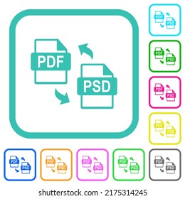 PDF PSD file conversion vivid colored flat icons in curved borders on white background