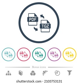 PDF TGZ file compression flat color icons in round outlines. 6 bonus icons included.