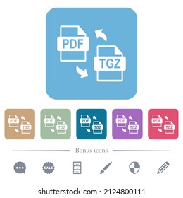 PDF TGZ file compression white flat icons on color rounded square backgrounds. 6 bonus icons included