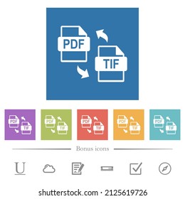 PDF TIF file conversion flat white icons in square backgrounds. 6 bonus icons included.