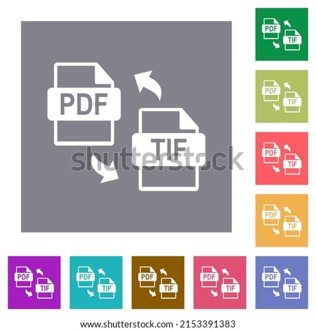 PDF TIF file conversion flat icons on simple color square backgrounds