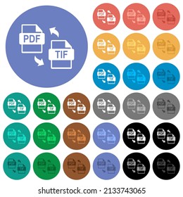 PDF TIF file conversion multi colored flat icons on round backgrounds. Included white, light and dark icon variations for hover and active status effects, and bonus shades.