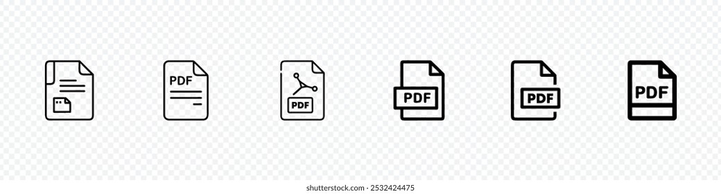 ícone de vetor PDF, conjunto de ícones de formato de arquivo PDF. Símbolos de download de arquivo PDF. Conjunto de ícones de arquivos PDF isolados por vetor