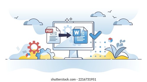 PDF to word converter software tool to change extension outline concept. File format edit process with application or online website vector illustration. Document style conversion to digital doc file