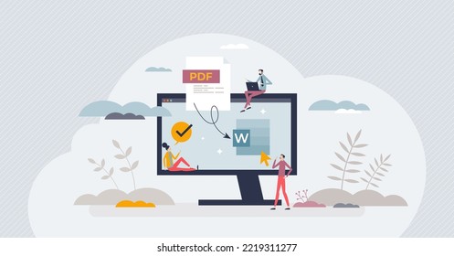 PDF to word format converter or save document in doc file tiny person concept. Online software tool with attachment upload function to remake or edit text vector illustration. Change extension type.