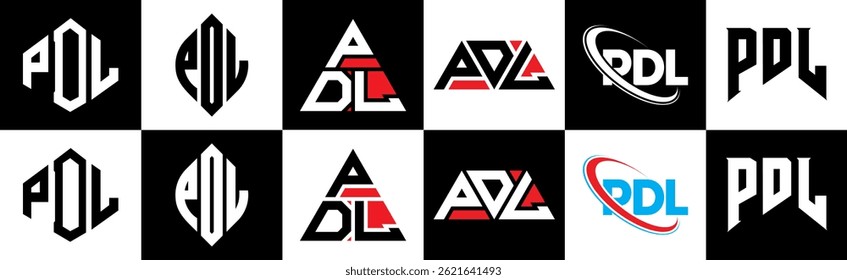 PDL letter logo design in six style. PDL polygon, circle, triangle, hexagon, flat and simple style with black and white color variation letter logo set in one artboard. PDL minimalist and classic logo