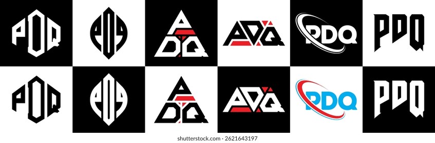 PDQ letter logo design in six style. PDQ polygon, circle, triangle, hexagon, flat and simple style with black and white color variation letter logo set in one artboard. PDQ minimalist and classic logo