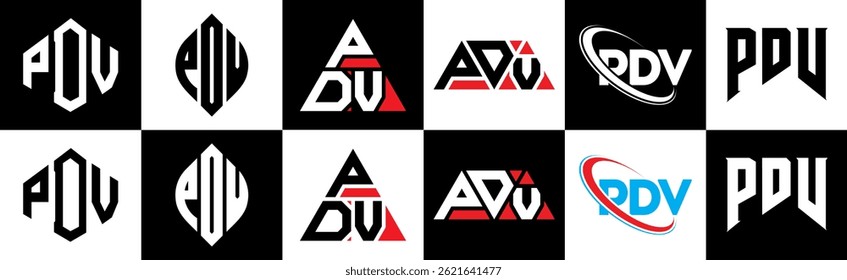 PDV letter logo design in six style. PDV polygon, circle, triangle, hexagon, flat and simple style with black and white color variation letter logo set in one artboard. PDV minimalist and classic logo