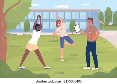 PE Class Outside Of School Flat Color Vector Illustration. Active Recreation. Student Athletes. Group Workout. Fully Editable 2D Simple Cartoon Characters With School Environment On Background