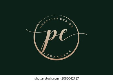 PE handwriting logo with circle template vector signature, wedding, fashion, floral and botanical with creative template.