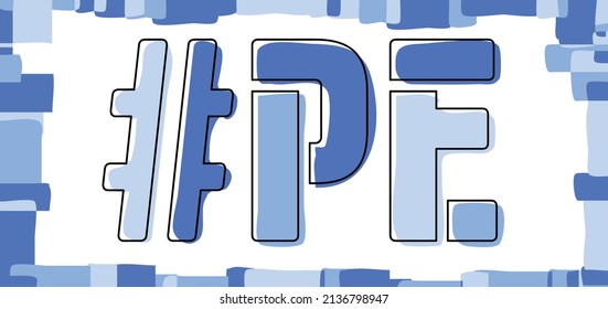 Etiqueta PE. Aislar las letras del doodle de las curvas. Colores azules. La etiqueta #PE es abreviatura de Isla Príncipe Eduardo canadiense para red social, recurso web canadiense, aplicaciones móviles.