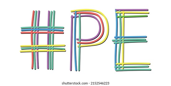 PE Hashtag. Isolate doodle lettering text from multi-colored curved neon lines like from a felt-tip pen, pensil. #PE is abbreviation for the Canadian Prince Edward Island for banner, social network