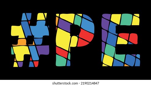 PE Hashtag. Tricolor isolated letters from contrast flowing fluid shapes. Rainbow colored Hashtag #PE is abbreviation for the Canadian Prince Edward Island for web resources, mobile app