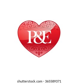P&E initial letter logo with ornament heart shape