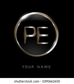 PE initial letters with circle elegant logo golden silver black background
