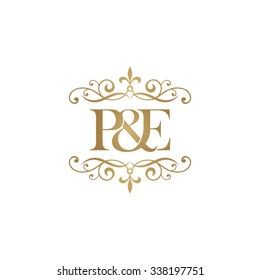 P&E Initial logo. Ornament ampersand monogram golden logo