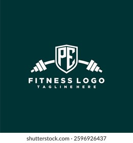 PE initial monogram for fitnes or gym logo with creative shield and barbell design