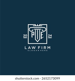 Logotipo monograma inicial PE para escritório de advocacia com design de pilares em quadrado criativo
