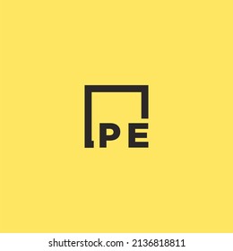 PE initial monogram logo with square style design