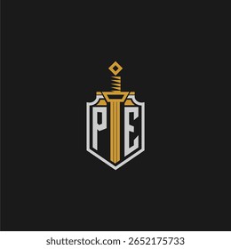 PE monograma inicial para imagem de estilo escudo e espada