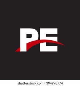 PE initial overlapping swoosh letter logo white red black background