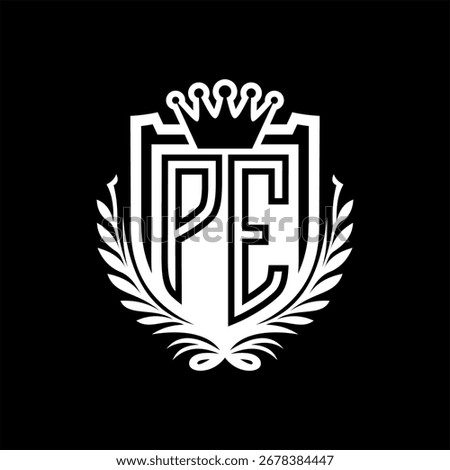 PE Letter logo heraldic shield shape with crown, vintage shield on black background template design