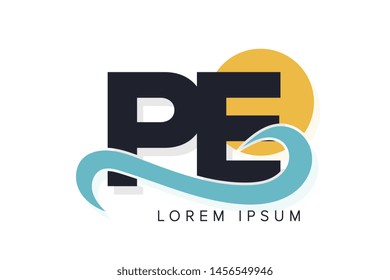PE letter logo with ocean waves and sunset. Beach concept design