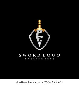 monograma de luxo carta PE para imagem estilo escudo e espada