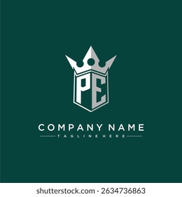 Logotipo inicial do monograma da letra PE para o desenho do escudo e da coroa