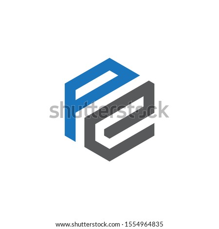 PE letter monogram logo design with blue and white