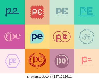 PE logo company template. Letter p and e logotype. Set different classic serif lettering and modern bold text with design elements. Initial font typography. Collection trendy business identity.