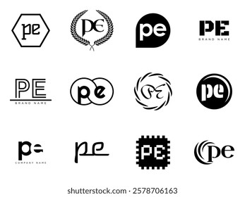 PE logo company template. Letter p and e logotype. Set different classic serif lettering and modern bold text with design elements. Initial font typography. Collection trendy business identity.