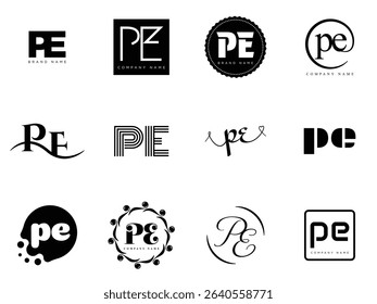 PE logo company template. Letter p and e logotype. Set different classic serif lettering and modern bold text with design elements. Initial font typography. Collection trendy business identity.