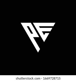 PE Logo letter monogram with triangle shape design template isolated on black background