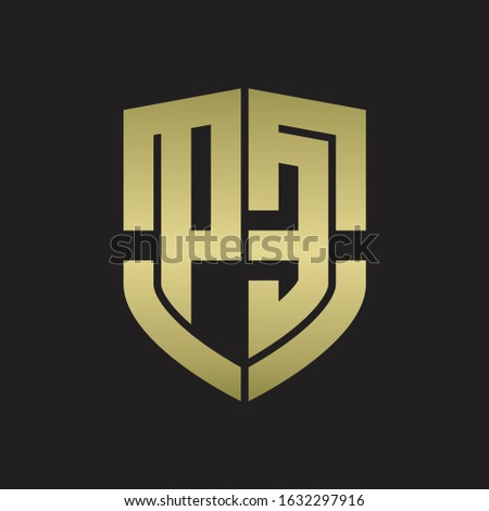 PE Logo monogram with emblem shield shape design isolated gold colors on black background